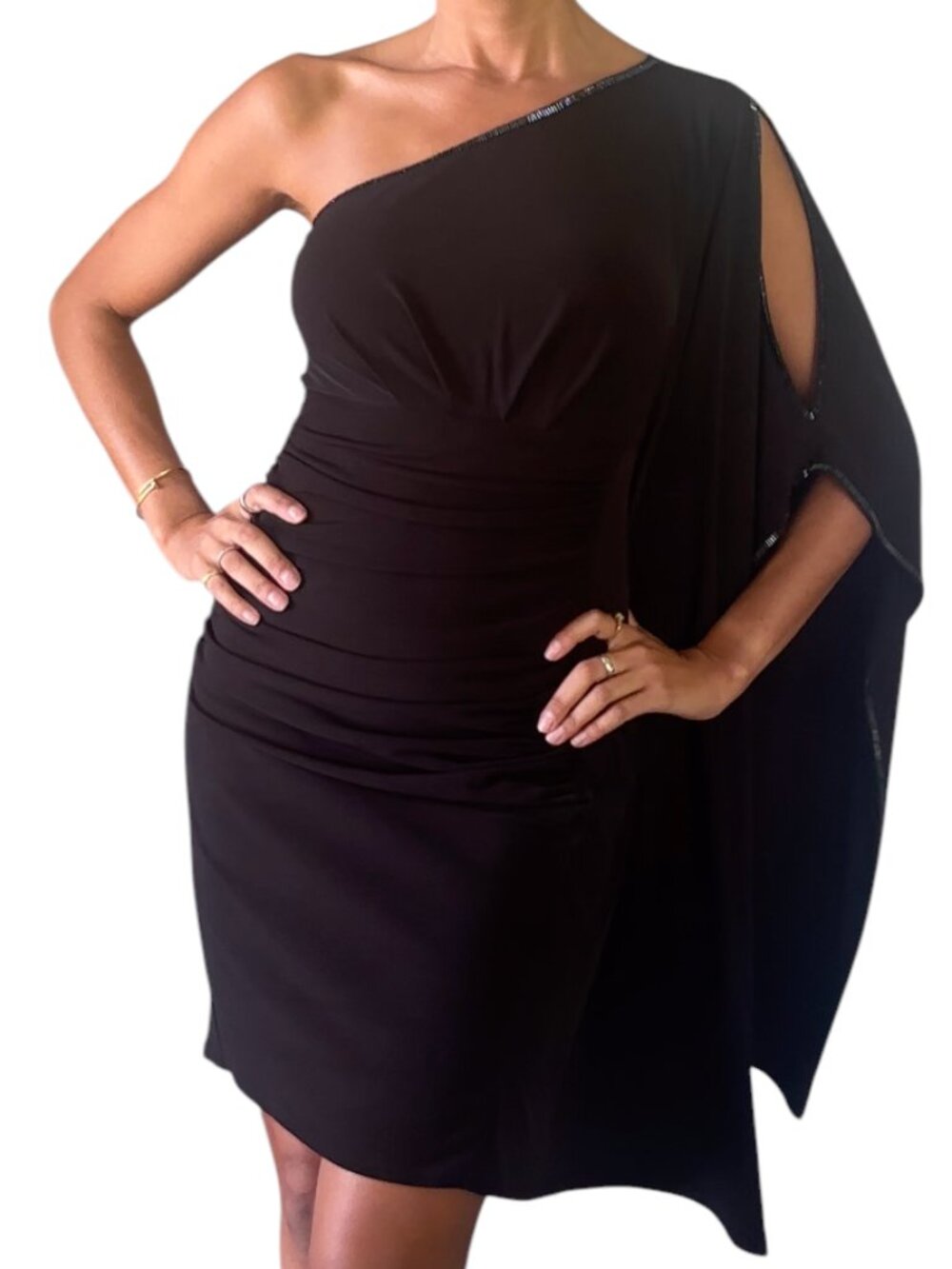 Laundry by Shelli Segal Black Ruched Dress Beaded Neckline Size 2